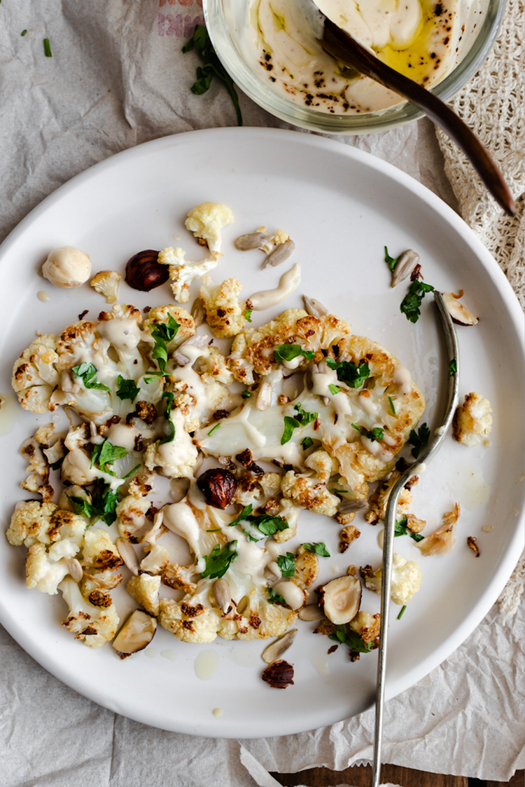 Cauliflower Steaks With Chickpeas & Herby Tahini Sauce