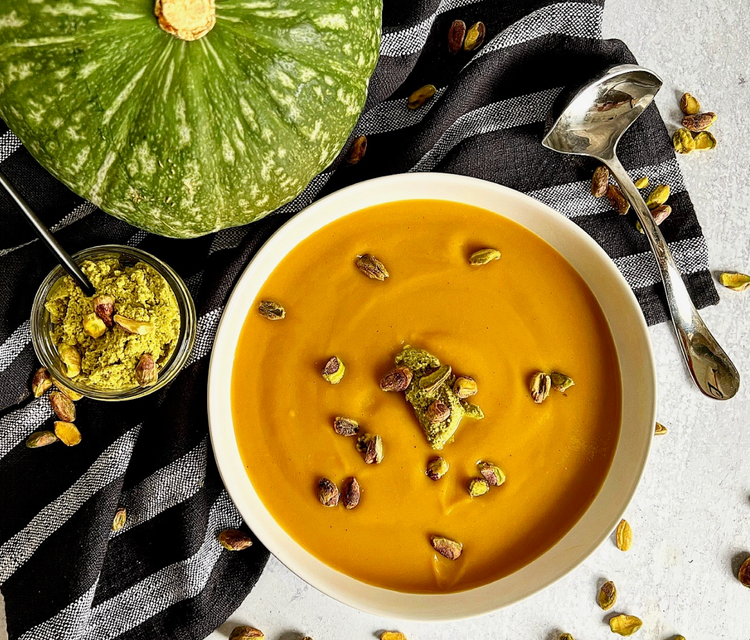 Roasted Veggie Soup With Pistachio Pesto