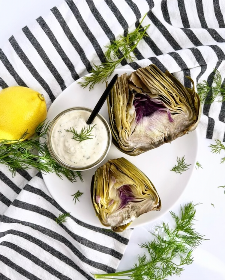 Steamed Artichoke With Herby Tahini Dipping Suace