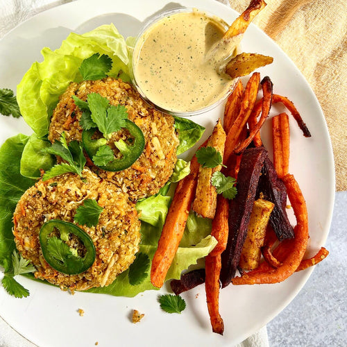 Spicy Cauliflower + Sweet Potato Burgers