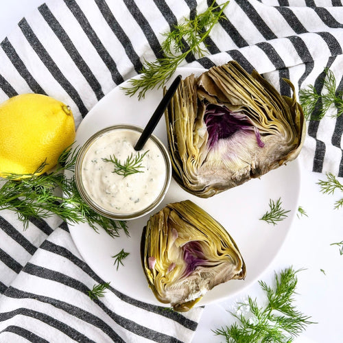 Steamed Artichoke with Herby Tahini Dipping Sauce