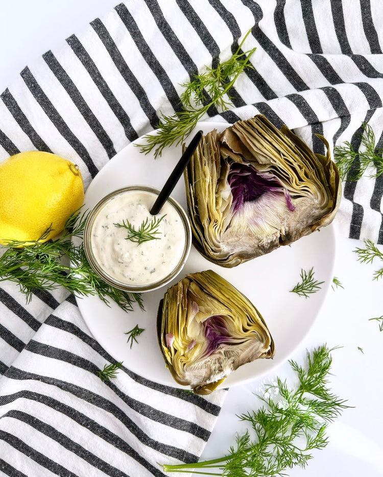 Steamed Artichoke with Herby Tahini Dipping Sauce