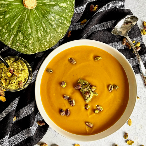 Roasted Veggie Soup With Pistachio Pesto