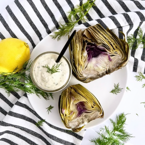 Steamed Artichoke With Herby Tahini Dipping Suace