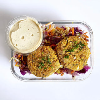 Creole Style Jack Cakes with Mixed Cabbage Slaw and Remoulade Dip Sauce
