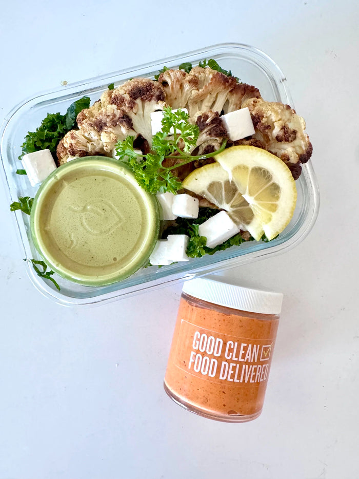 Cauliflower Steaks with Roasted Chickpeas and Lemony Kale Salad