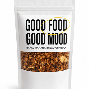 Bag of baked banana bread granola with 'Good Food Good Mood' label on a white background